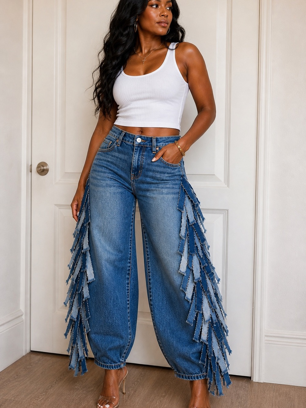 Upcycled High-Rise Blue fringe Ruffle-Trim barrel Jeans size S